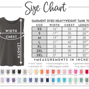 The image is a size chart for a garment dyed heavyweight tank top, providing measurements and corresponding colors for different sizes.