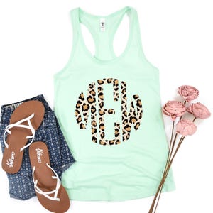 Monogrammed Tank Tops, Leopard monogram tank tops, Inexpensive Monogram tank tops, Personalized Women Custom circle monogram gift tank tops
