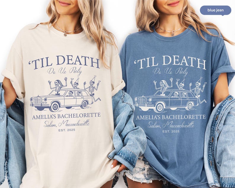 two women wearing t-shirts with a graphic design related to a bachelorette party.