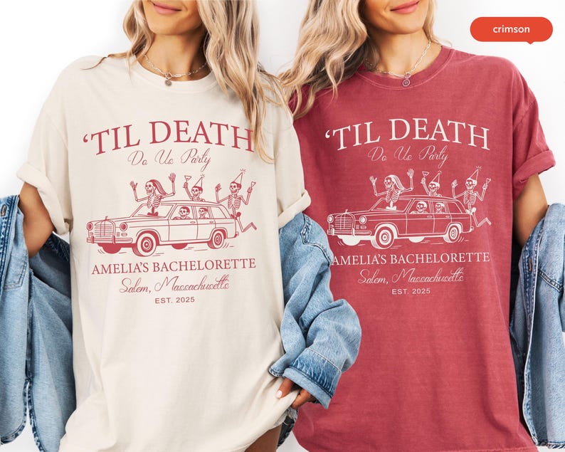 Two women wearing t-shirts with the same design, featuring a car with skeleton figures and text related to a bachelorette party.