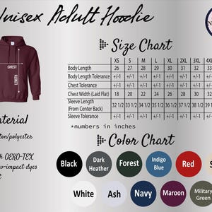 a full - zip hoodie with the size chart of the hoodie