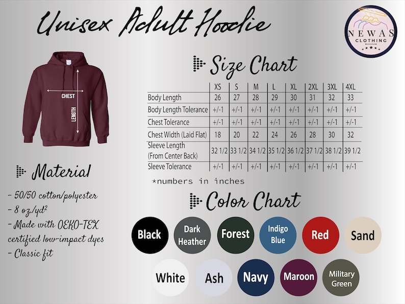 a full - zip hoodie with the size chart of the hoodie
