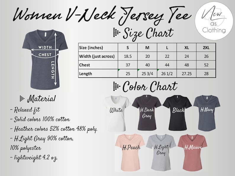 K&ouml;nnte beinhalten: Gr&ouml;&szlig;entabelle f&uuml;r ein Damen-V-Ausschnitt-Jersey-Shirt. Die Tabelle zeigt die Ma&szlig;e in Zoll f&uuml;r die Gr&ouml;&szlig;en S, M, L, XL und 2XL. Das Material wird als lockerer Sitz beschrieben, 100 % Baumwolle f&uuml;r unifarbene Farben, 52 % Baumwolle und 48 % Polyester f&uuml;r melierte Farben und 90 % Baumwolle und 10 % Polyester f&uuml;r hellgrau. Das Shirt ist mit 4,2 oz leicht. Eine Farbkarte zeigt das Shirt in Wei&szlig;, Dunkelgrau, Schwarz, Marine, Pfirsich, Hellgrau und Lila.