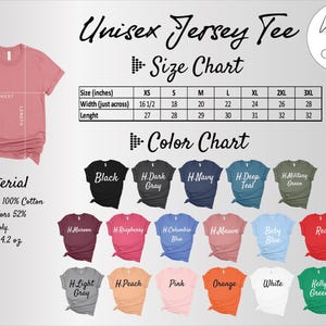 The image is a collage of various unisex t-shirt designs, including different colors and styles, along with a size chart and color chart.