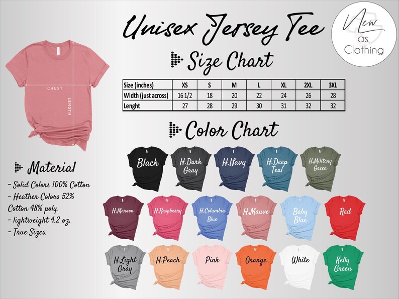 The image is a collage of various unisex t-shirt designs, including different colors and styles, along with a size chart and color chart.