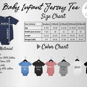 The image is a size chart for baby infant jerseys, displaying the measurements and corresponding colors for different age groups.