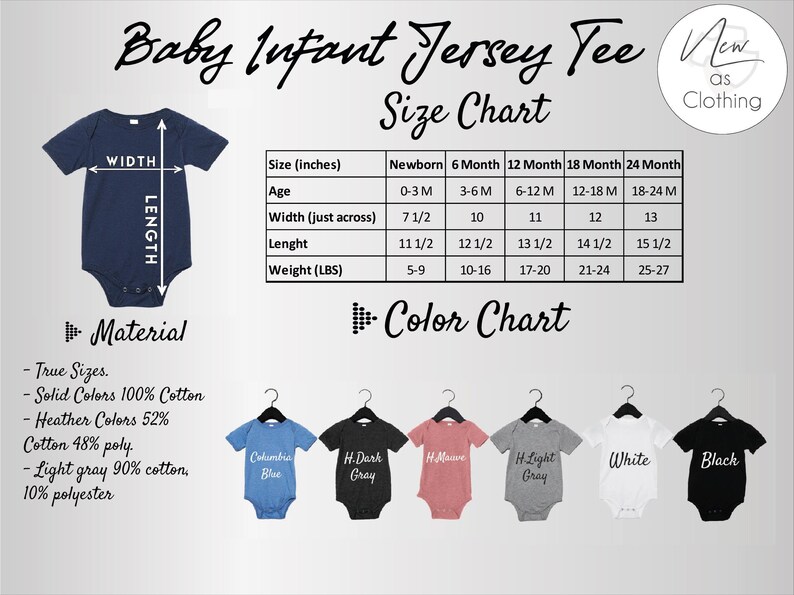 The image is a size chart for baby infant jerseys, displaying the measurements and corresponding colors for different age groups.
