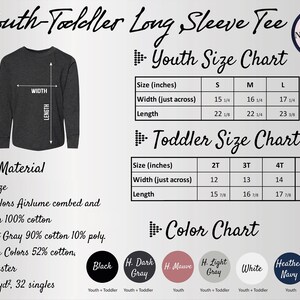 the youth long sleeve tee is shown with measurements