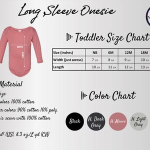 The image is a detailed toddler size chart for a long sleeve onesie, including measurements and color options.