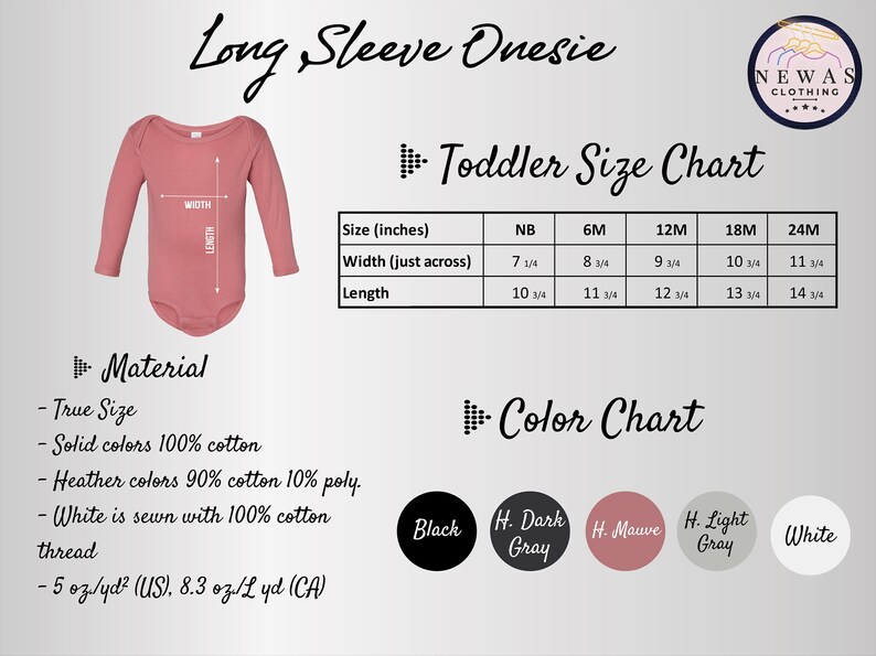 The image is a detailed toddler size chart for a long sleeve onesie, including measurements and color options.
