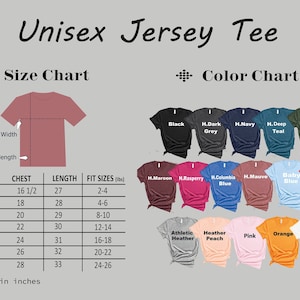 May include: Unisex jersey tee size chart with measurements in inches and weight in pounds. Color chart with 20 different colors of t-shirts.