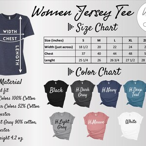 The image is a size chart for a women's jersey tee, providing measurements and color options for different sizes.