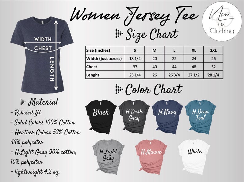 The image is a size chart for a women's jersey tee, providing measurements and color options for different sizes.
