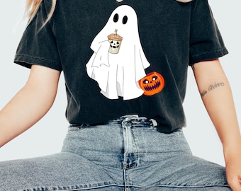 Comfort Colors® Сute Ghost Coffee Shirt, Сute Little Ghost Iced Coffee t-shirt, Boo Ghost Shirt, Ghost Coffee Shirt, Halloween Coffee Lovers