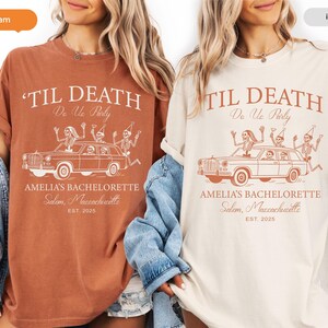 two women wearing t-shirts with a graphic design related to a bachelorette party.