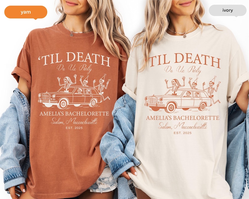 two women wearing t-shirts with a graphic design related to a bachelorette party.