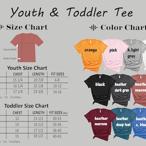 May include: Size chart for youth and toddler t-shirts. The chart shows chest and length measurements in inches, as well as the corresponding age range. The colour chart shows a variety of colours, including orange, pink, light grey, white, black, heather dark grey, heather mauve, heather maroon, heather deep teal, and heather c. blue.