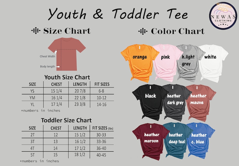 May include: Size chart for youth and toddler t-shirts. The chart shows chest and length measurements in inches, as well as the corresponding age range. The colour chart shows a variety of colours, including orange, pink, light grey, white, black, heather dark grey, heather mauve, heather maroon, heather deep teal, and heather c. blue.