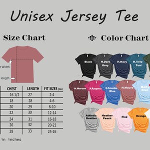 May include: Unisex jersey tee size chart with measurements in inches and a colour chart showing different colours of the tee. The size chart shows chest and length measurements for sizes XS to 3XL. The colour chart shows 15 different colours of the tee.