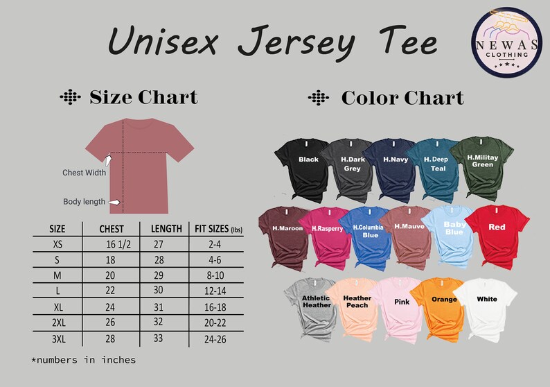 May include: Unisex jersey tee size chart with measurements in inches and a colour chart showing different colours of the tee. The size chart shows chest and length measurements for sizes XS to 3XL. The colour chart shows 15 different colours of the tee.