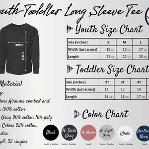 The image is a youth-sized t-shirt chart that provides measurements and color charts for different age groups, including a toddler size chart.