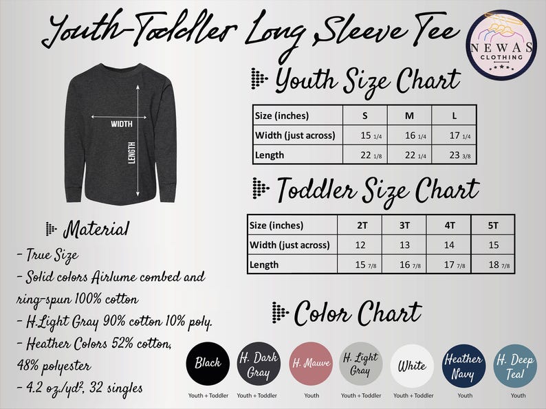 The image is a youth-sized t-shirt chart that provides measurements and color charts for different age groups, including a toddler size chart.