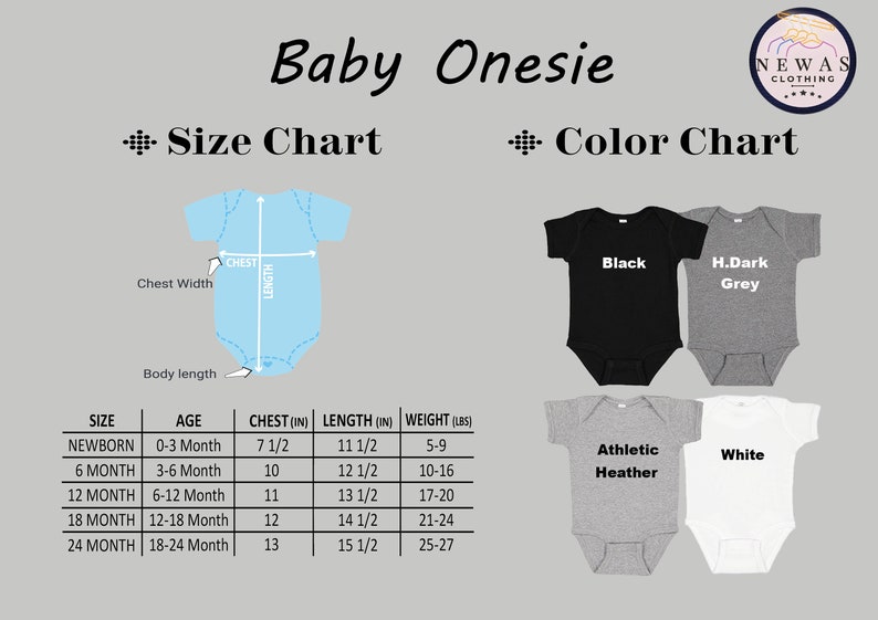 May include: Size chart for baby onesies with measurements in inches and pounds.  The chart shows the size, age, chest, length, and weight.  The color chart shows four different colors: black, heather grey, dark grey, and white.