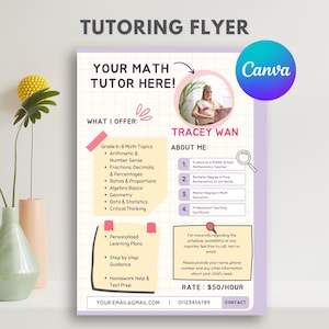 Editable Tutoring Flyer | Summer Tutor Flyer | Instant Download | Editable Canva Template | Elementary Tutor Page | Middle School Tutor Page