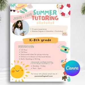 Plantilla editable de Canva para volante de tutoría de verano / Volante escolar imprimible para profesores y tutores privados / 8,5 x 11, A4, descarga instantánea