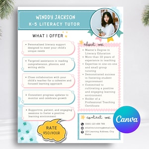 Plantilla de Canva para volante de tutoría editable / Anuncio divertido de tutoría de verano / Volante escolar imprimible para profesores y entrenadores / 8.5x11 Descarga instantánea
