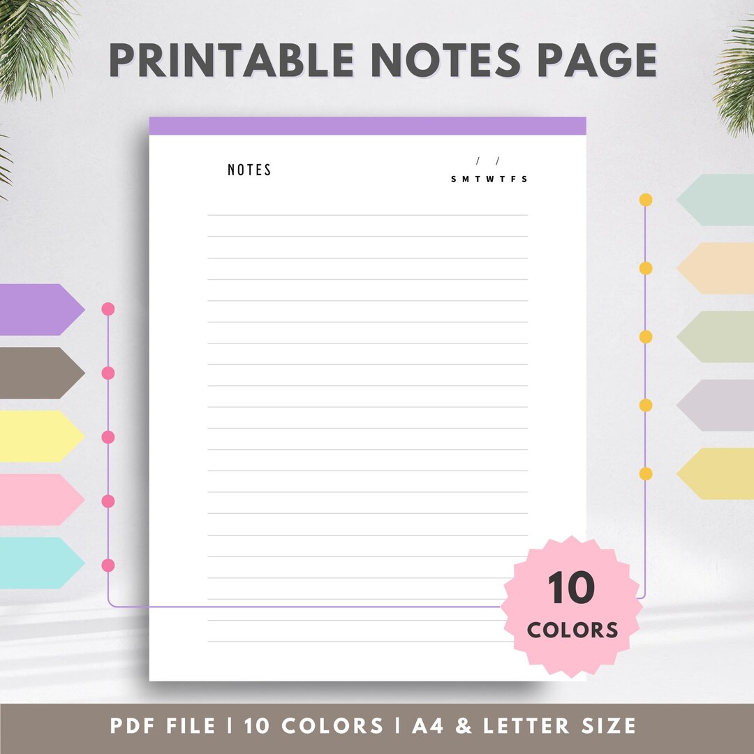 Printable Lined Notes Pages: 10 Color Variations (A4 & Letter Size ...
