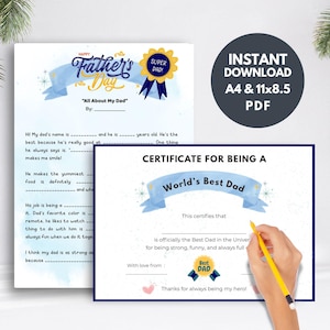Afdrukbare Vaderdagbundel - werkblad Alles over mijn vader en certificaat beste vader - A4, 8 x 11,5 - leuk kinderactiviteitscadeau