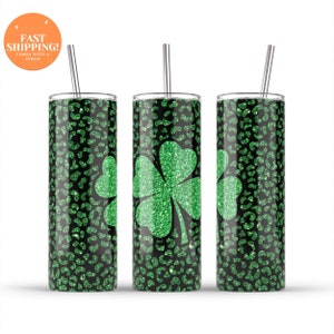 Four Leaf Clover Glitter Tumbler for Saint Patricks Day, St Patricks Day Travel Mug, Glitter Tumbler with Straw, St Pattys Day Gift