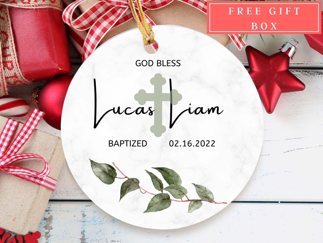 Personalized God Bless Christening Ornament, Name Date Custom Baptism Ornament, Green Floral