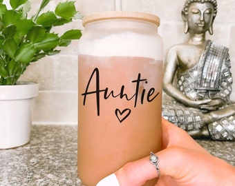 Personalized 16oz Libbey Cup - Auntie Heart- Aunt's Birthday Gift - Auntie To Be- Auntie Mug - Aunt Announcement, Aunt Frosted Glass Tumbler