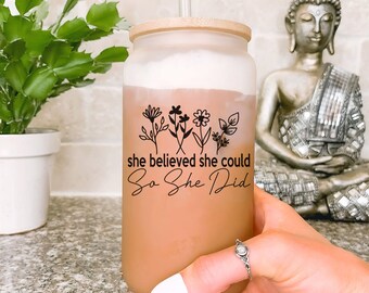 Personalized Christian Quote Cup - She Believed She Could So She Did - 16oz Inspirational Libbey Mug, Christian Inspirational Quote Mug