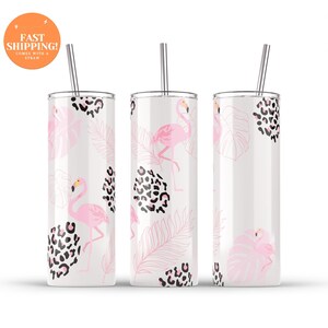 Pink Flamingo Tumbler with Straw, Cute Flamingo Tumbler Cup Gift For Women, Tropical Palm Leaf Tumbler Birthday Gift For Her