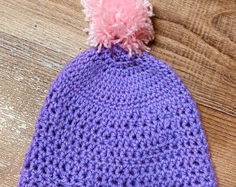 Purple kids beanie with and pink Pom-Pom