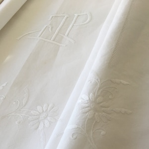French Vintage Linen Bedsheet: Hand Embroidered Monogram JP, Floral Detail