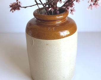 Vintage Crock Vase, zweifarbiges Steingut, rustikaler Confit Pot, Anfang der 1900er Jahre