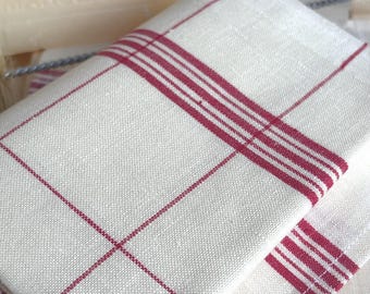 French Vintage Torchon Tea Towels, Red Stripe Linen, Bragard Kitchen Cloth Made France