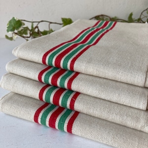 French Vintage Finest Quality Linen Torchons with Hand Sewn French Seams, Red and Green Stripe Detail, Old French Linen Tea Towels