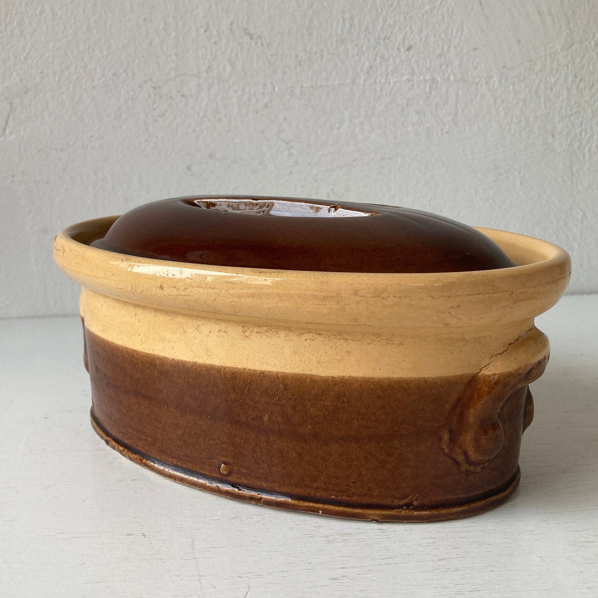 French Vintage Ceramic Terrine, Antique Glazed Terracotta Terrine