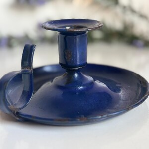 Royal Blue Candlestick Holder French Vintage Enamelware, Vintage Wee Willie Winkie, Finger Loop Chamber Stick,  Table Decor