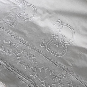 French Linen Flat Sheet: Hand Embroidered Monogram PB, Floral Whitework