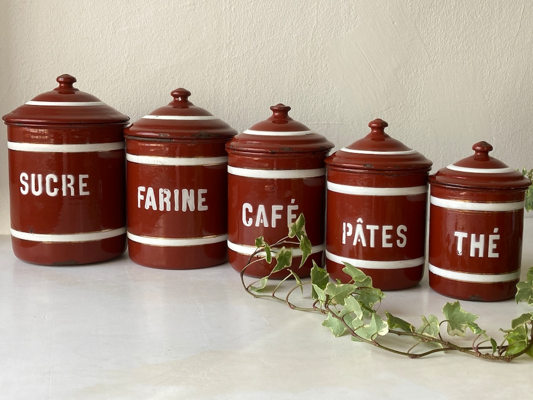 Rustic Kichen Containers French Vintage CANISTER Brown & White Enamel Kitchen Set, Rustic French ...