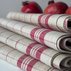 French Vintage Quality Tolie Métis Torchons with Red & Cream Striped Check Detail. Unused Vintage French Tea Towels, French Linen.