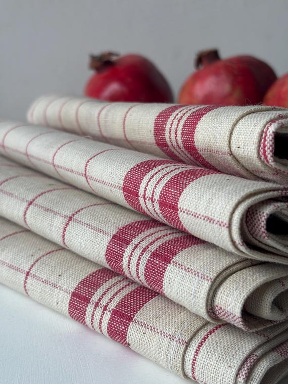 French Vintage Linen Tea Towel: Red Stripe Metis Torchon