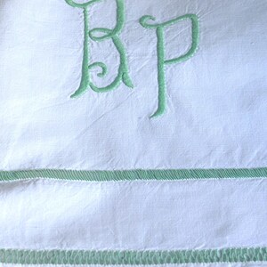 May include: A white textile featuring light green embroidered monogram letters BP in a cursive script. The fabric includes two horizontal rows of decorative openwork stitching in light green, creating a detailed border pattern across the surface.