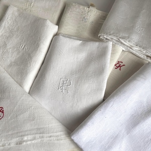 Vintage French Linen Monogrammed Hand Towel: Antique Damask Cotton